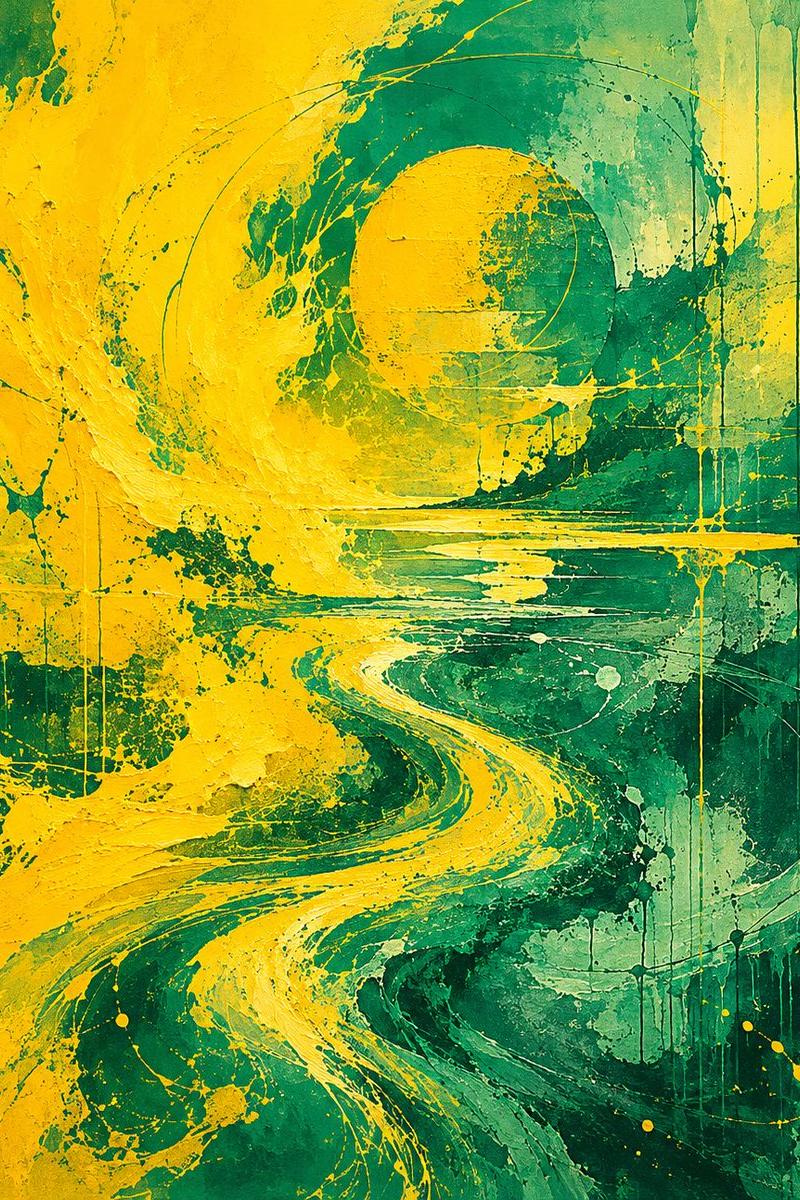 黄色与青色抽象流体画
