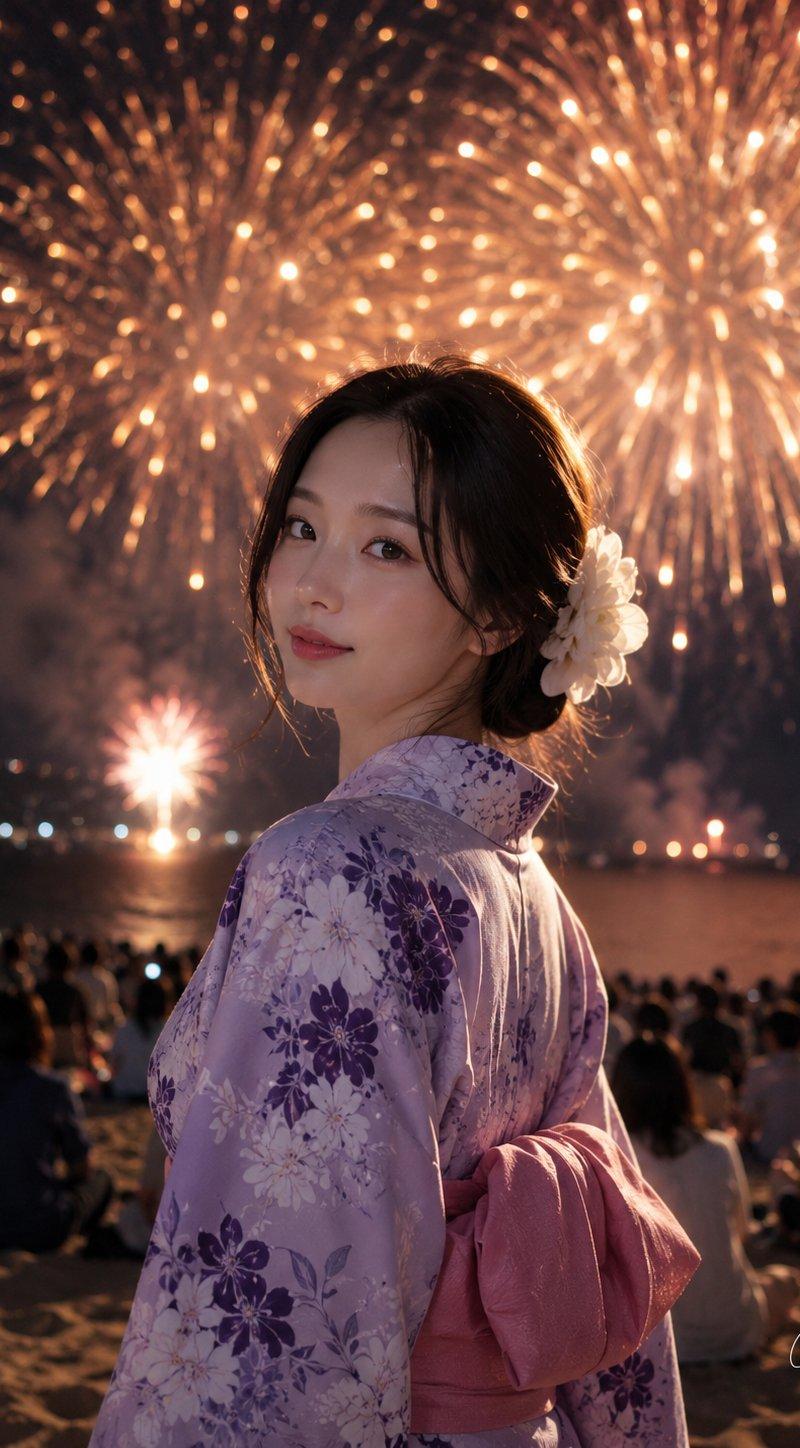 海滩烟火大会上优雅的日式浴衣少女