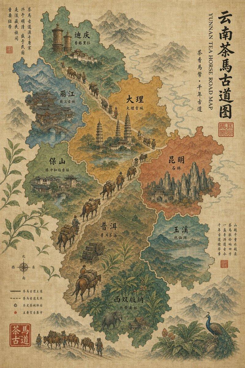 复古云南茶马古道地图