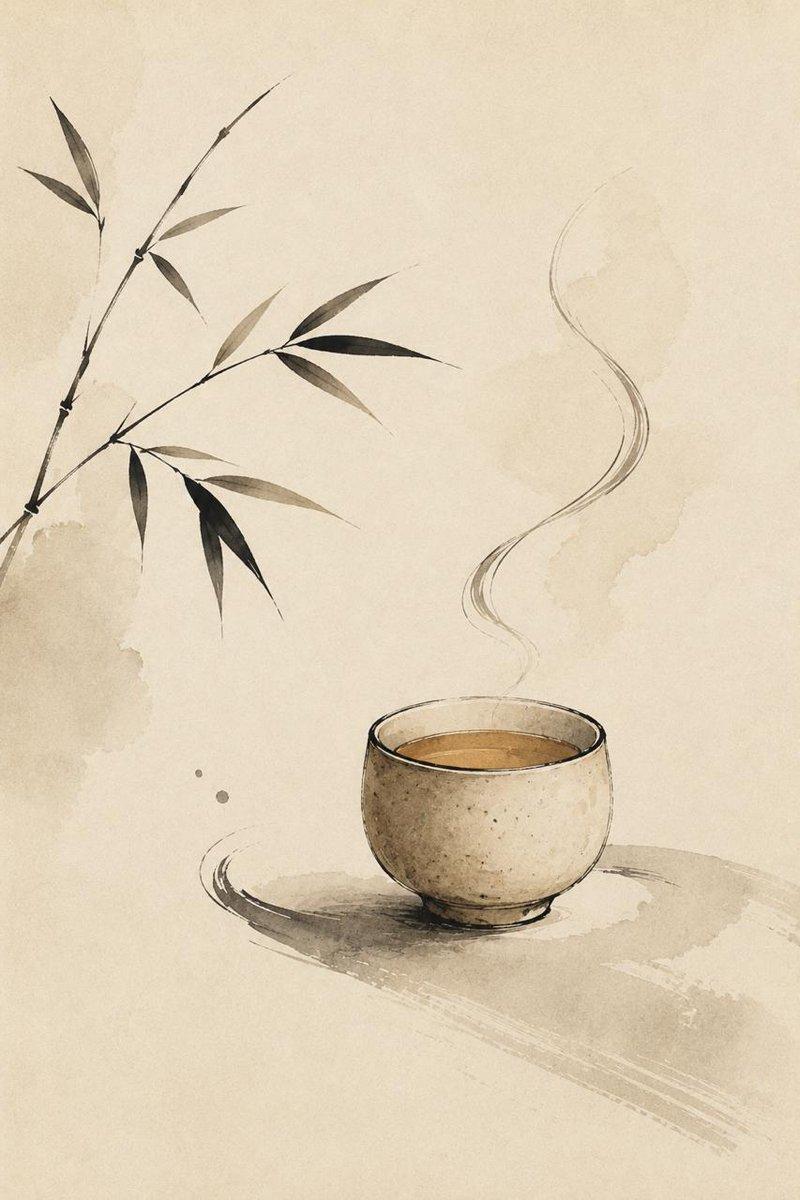禅意茶杯水墨画